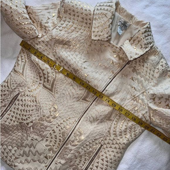 Chico's Cream/Gold Metallic Textured Lined Biker Jacket- 1(M) - Picture 8 of 13